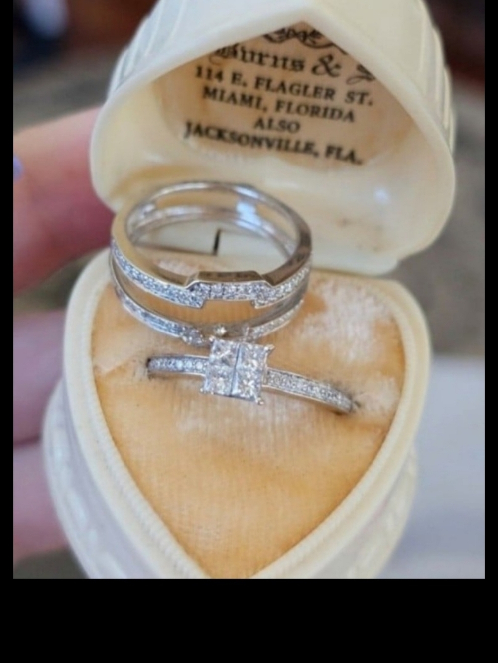 New. 14k white gold wedding set includes engagement ring and enhancer ring. Stam